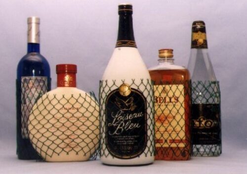 various liquor bottles in mesh netting